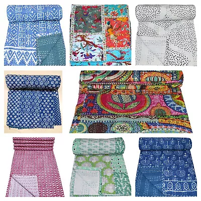 Indian Hand Block Kantha Twin Size Quilt Cotton Bedspread Blanket Throw Boho Art • £30.99