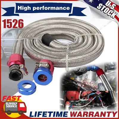 3/8  Hose 3ft. Stainless Steel Braided Fuel Line Kit 1526 New Wpith Clamps AN6 • $15.99