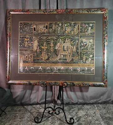Antique Pichwai Painting 24 Karat Gold Painted Silk Tapestry Framed Krishna Art • $975