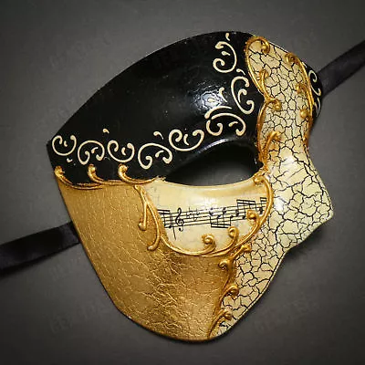 Half Face Phantom Of Opera Masquerade Venetian Mardi Gras Mask - Black Gold • $14.99