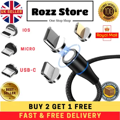 £1.99 • Buy 3 In 1 Magnetic LED Fast Charging USB Cable Lead Phone Charger Type-C Micro IOS