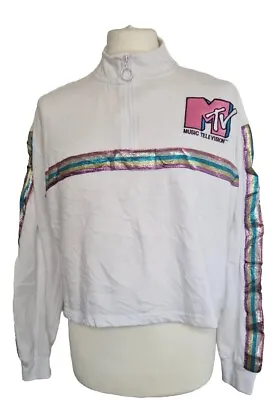 MTV Crop Top Womens 2XL White Music Television Concert Band Retro Pullover Logo • £1.49