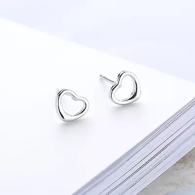 Shiny 925 Sterling Silver Plain Cute Open Love Heart Stud Earrings Women Gift UK • £2.99