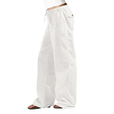 Women's Cotton Linen Long Lounge Pants High Waist Drawstring Loose Fit Trousers • $24.33