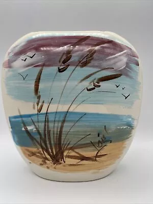 Vtg Handpainted Ceramic Vase Oval Artist Signed Beach Theme Blue Mauve 90s • $7.95