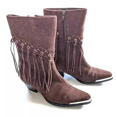 Vintage OAK TREE FARMS Brown Fringe Cowgirl Boots Equestrian Western • $45