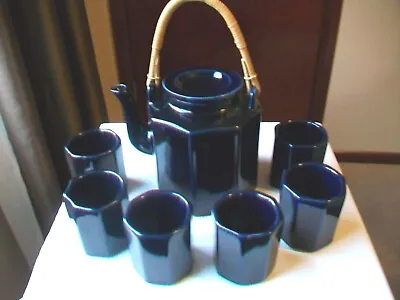 Mccoy Pottery Teapot Bamboo Handle W/ 6 Cups Octagon Cobalt Blue Htf • $45