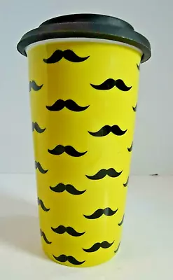 Circa Ceramic Travel Coffee Mug Tall Tumbler W/ Rubber Lid Yellow Moustache • $9.99
