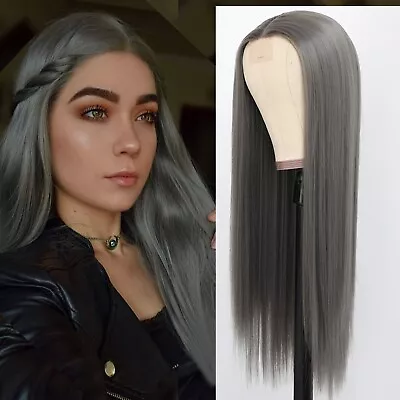 Women Long Straight Lace Front Wig Gray Synthetic Hair Wigs Heat Safe Glueless • $16.90