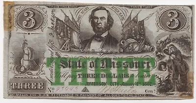 1862 $3 Civil War Broken Bank Note Jefferson City Missouri • $125