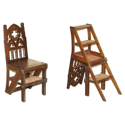 Ornately Carved Gothic English Oak Library Steps Metamorphic Chair Carpet Steps • $2281.33