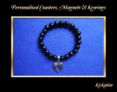 Angel Wings Charm Pendant Black Obsidian Beaded Bracelet Jewellery Karma Gift • £3.99