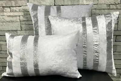 Crush Velvet Silver Glitter Stripe Cushions Covers Or Filled Cushions WHITE • £6.99