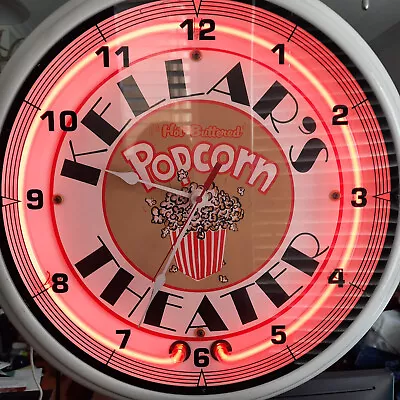 Neon Lighted Kellar's Theater TX Lobby Hot Buttered Popcorn Clock Light Sign VTG • $233.88