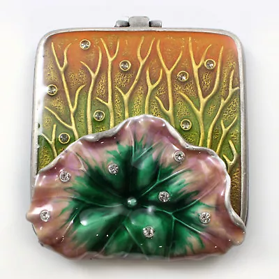 Bejeweled Lily Pad Compact Mirror Enamel Painted With Crystals In Silver/multi • $23