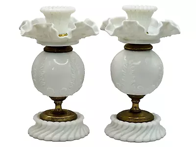 Pair Vintage Milk Glass Swirl Hobnail Unusual Lamps White Candle Holder Stick • $99.95