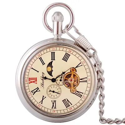£25.18 • Buy Open Face Windup Antique Silver Mechanical Pocket Watch Chain Moon Tourbillion