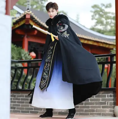 Warm Men`s Hanfu Cloak Chinese Traditional Embroidery Cape Cos Costume Hanfu • £125.36