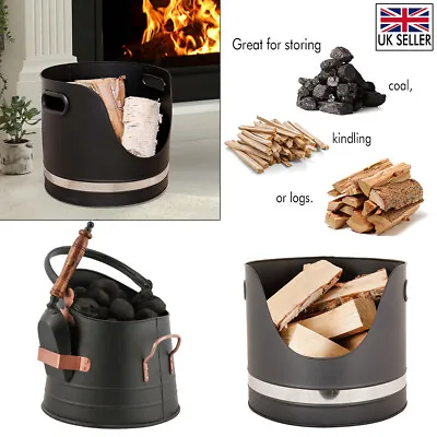 Kindling Firewood Fireside Bucket Black Metal Home Decor Round Log Coal Storage • £35.99