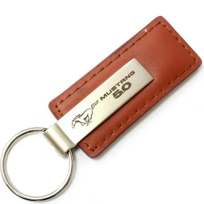 Genuine Brown Leather Rectangular Ford Mustang 5.0 Logo Key Chain Fob Ring • $14.95