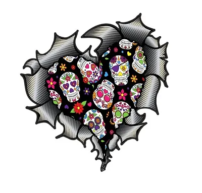 Ripped Carbon Fibre Look HEART With Mexican Sugar Skull Motif Vinyl Car Sticker  • £2.49