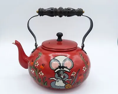 Vintage Kitschy Hand Painted Aluminum Red Teapot Anthropomorphic Mouse SIGNED • £38.61