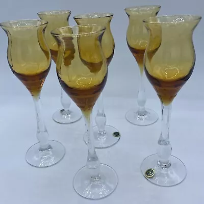 Vintage Grappa/Brandy Glasses Set Of 6 Amber Colors Tall Leg Made In Italy • $85