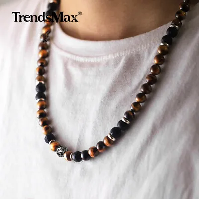 8mm 24  Natural Tiger Eye Lava Beaded Necklace Stainless Steel Toggle Mens Gift • $10.99