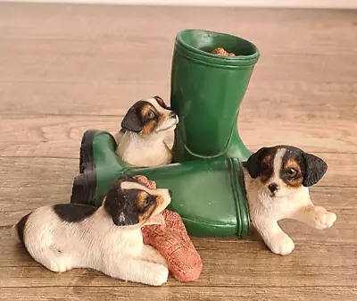 Vintage Leonardo Collection 3 Jack Russell Puppies Playing With Wellington Boots • £9