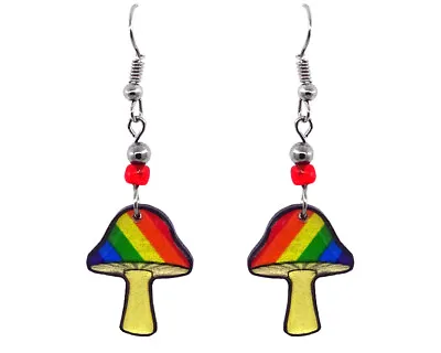 Rainbow Striped Mushroom Earrings Magic Fungi Toadstool Psychedelic Trip Jewelry • $13.99