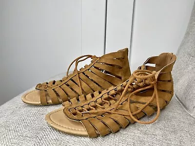 ANNA Sweden Leather Strappy Tie Sandals Tab Brown Boho Beach Size 7.5 • $23.74