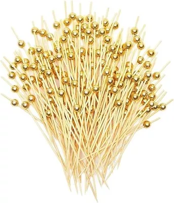 100PCS Bamboo Cocktail Picks With Gold Pearl Tip Party BBQ Sandwich Fruit Sticks • £6.99