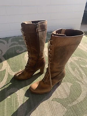Frye Villager Lace Up Tall BOOTS Heel Distressed Leather Womens - Size 8 • $175