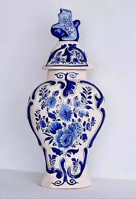 Antique DELFT GINGER JAR LIDDED VASE 15.4 INCHES - EMBOSSED ACCENTS • $108