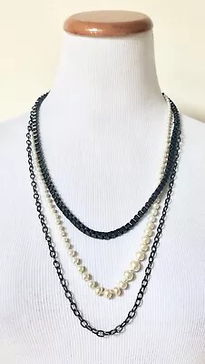 $29.99 • Buy NEW J. Crew J.Crew Triple Strand Pearl Metal Chain Layered Necklace In Box