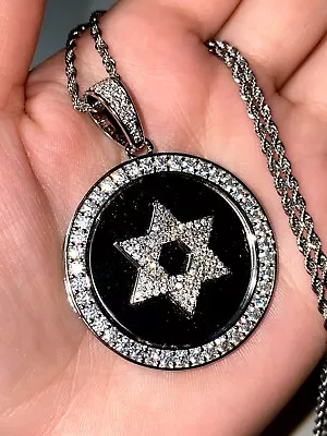 Round Star Of David Necklace Iceout Silver 14k Men Pendant 3mm Rope Link Chain • $39.99