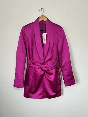 Women's Zara Blazer Dress Size S Pink Satin Long Sleeve Twist Elastic Zip NEW • £19.99