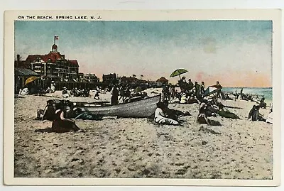 NJ Postcard Spring Lake On The Beach Boat Swimmers Hotel Monmouth Tichnor Bros • $9.99