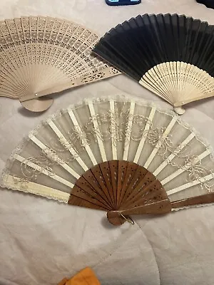 Lot If 3 Japanese / Chinese Folding Hand Fans Sandalwood Lace Vintage • $35
