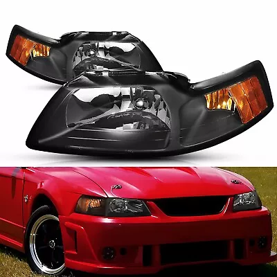 2X Headlights Headlamps Black Housing Amber Reflector For 1999-2004 Ford Mustang • $84.99