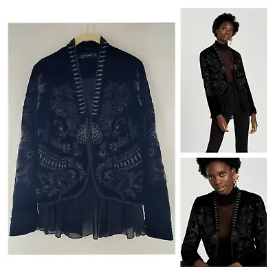 Zara Woman Black Beaded Embroidered Velvet Jacket Sheer Trim Women's Size Small • $49.99