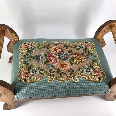 Vintage Oak Needlepoint Wood Footstool Floral • $134.99