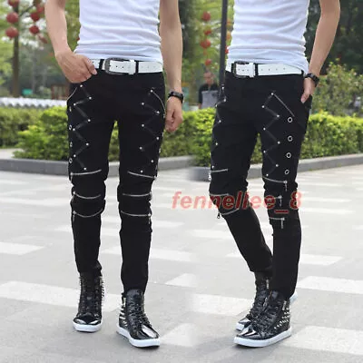 Mens Punk Zipper Skinny Trousers Slim Gothic Pencil Pants Nightclub Casual Pants • $34.96