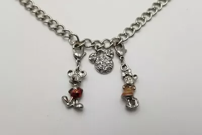 Disney Mickey & Minnie Mouse Charm Crystal Necklace Enamel Silver Tone Clip On • $18