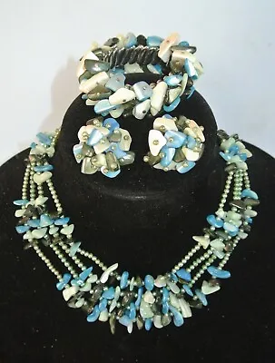 Vtg. Signed JAPAN Blue & Green Glass Nugget Necklace / Bracelet & Earring Set • $29.99