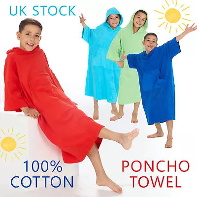 Kids Hooded Poncho Towel Childrens Beach Swimming Changing Robe 100% Cotton • £12.99