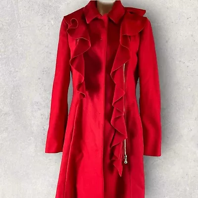 Moschino Coat Womens 12 Trench Long Red Wool Cashmere Zippered Ruffle Trim R2 • $299.95