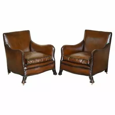 Antique Pair Of Restored Victorian Cigar Brown Leather Armchairs Carved Legs • £5000