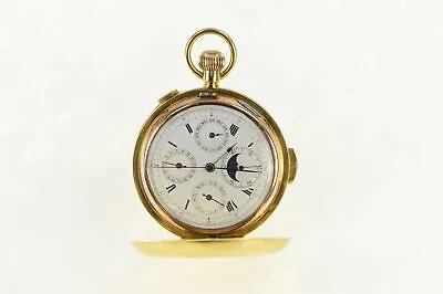 18K Chronograph Moon Phase Date Repeater Pocket Watch Yellow Gold *49 • $7999.95