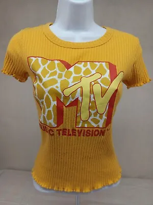 MTV Music Television Top Women Medium Mustard Yellow Ribbed Cropped Short Sleeve • £14.47